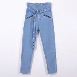 Модные джинсы женские осенние с высокой талией с карманами на молнии джинсовые узкие брюки облегающие джинсы