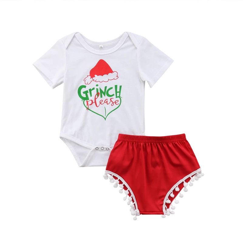 

2PCS Baby Girl Clothes Set 3-18M Newborn Infant Toddler Kid Christmas Short Sleeve Bodysuit Tassel Shorts Panties Outfit
