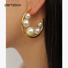 Серьги-кольца Peri'sBox золотого цвета для женщин, серьги-обручи с несколькими жемчужинами, минималистичные круглые серьги 4,1 см, бижутерия