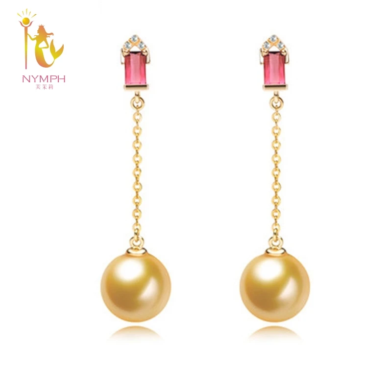

NYMPH 18K Gold Earrings Pearl Jewelry Natural Seawater round Pearl Fine AU750 Drop Earrings Wedding Party For Wome YSED160106