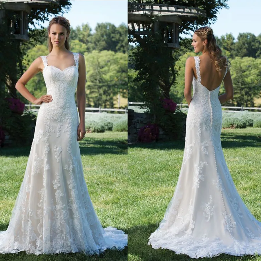 

srui sker Lace Appliques Sweetheart Neckline Mermaid Dress Backless Button Sweep Train Wedding Dress with Lace Straps