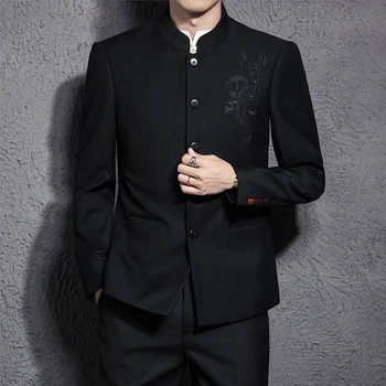 

Chinese Style Men Suit Jacket + Pant Black Mens two-piece set Slim Noble Comfort mens suits Blazer Asia size S-3XL