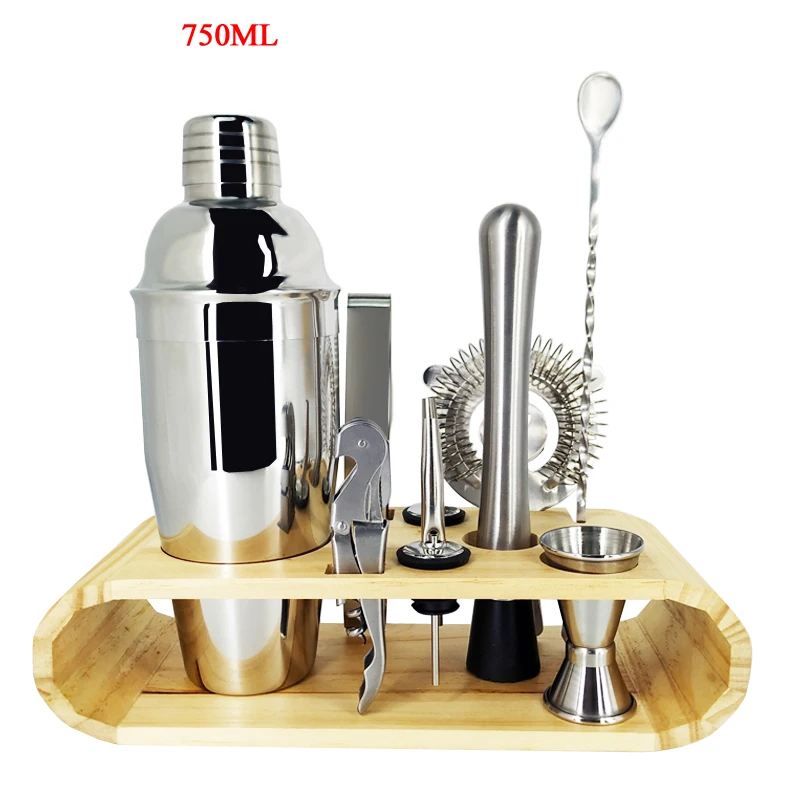 IYouNice 11-Pieces Boston Bartending Kit Cocktail Shaker Set Shakers Stainless Steel Bar Tool Set with Stylish Wood Stand - Цвет: 750ML With Rack
