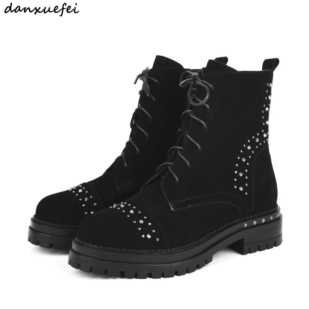 

Women's real suede leather lace-up punk martin boots brand design rivet fashion Motorcycle boots flats winter ankle boots shoes