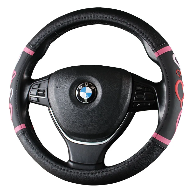 

KKYSYELVA Black Car Sport Steering Wheel Cover Leather Auto Steering Covers Universal 38CM wheel covers Car Inter Accessories