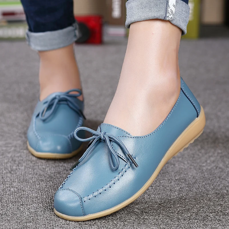 

Women genuine Leather Shoes Lace up Mother Loafers Soft Leisure Flats Female Driving Casual Footwear breathable boat shoes woman