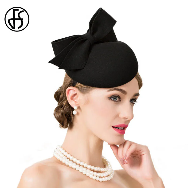 

FS Winter Fascinator Wedding Pillbox Cocktail Hats Wool Felt Fedora Hat For Women Elegant Black Party Church Derby With Bowknot