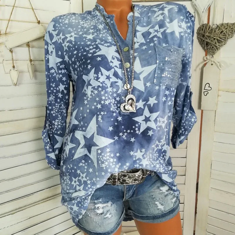 Large size women's printed shirt 2019 autumn new long-sleeved tops five-pointed star collar button pullover Blouses
