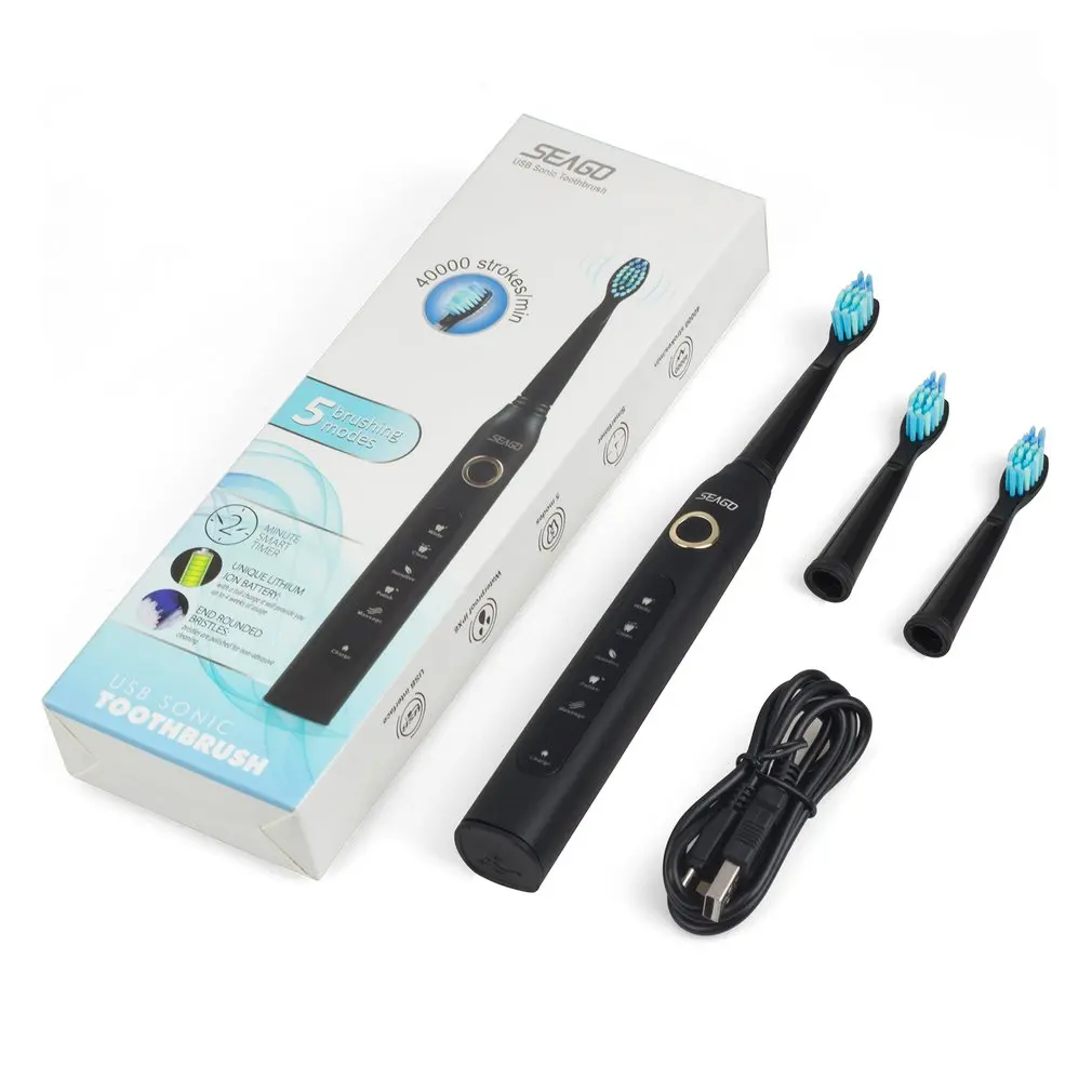 Seago SG-507 USB аккумуляторная электрическая зубная щетка для взрослых Водонепроницаемая Глубокая чистка зубная щетка с 2 сменными головками