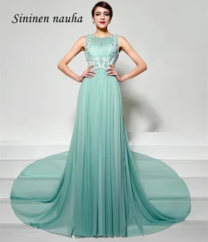 

Aqua Long Evening Formal Dresses Scoop Appliques A Line Chiffon Sheer Back Prom Party Dress Vestidos De Festa Robe De Soiree 158