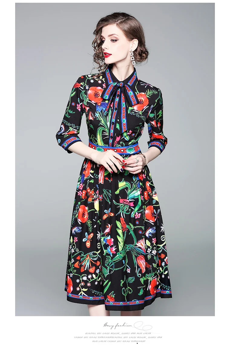 Качественное женское подиумное платье средней длины с цветочным принтом женское летнее платье Дамское винтажное вечернее платье - Цвет: Черный