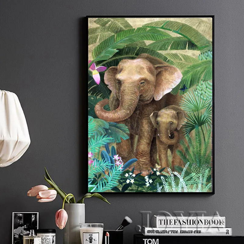 

Tropical Leaves Canvas Art Mother And Baby Elephants Sacred Painting Green Leaf Wall Picture Drawing Prints Home Stair Decor