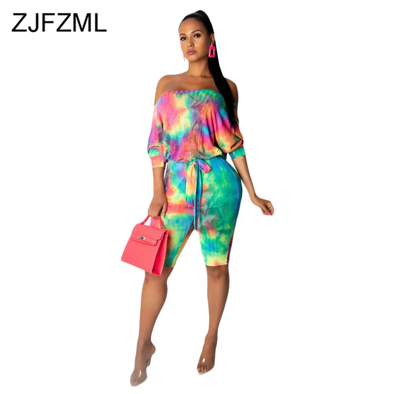 

Off The Shoulder Rompers Women Jumpsuit Gradient Color Three Quarter Sleeve Bodycon Bodysuit Casual Slash Neck Backless Overall