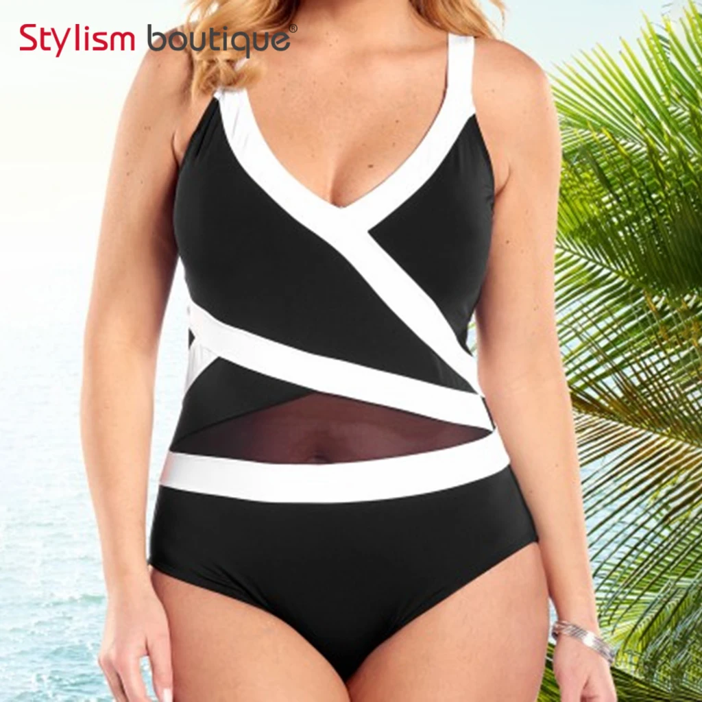 Контрастный цвет, слитный купальник размера плюс, женский купальник, бандаж, купальные костюмы, сетка, пэчворк, пляжная одежда, монокини
