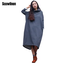 Scuwlinen 2018 осень-зима платье Для женщин хлопковое платье vestidos длинные флисовая утепленная водолазка Повседневное свободные халат плюс Размеры S60