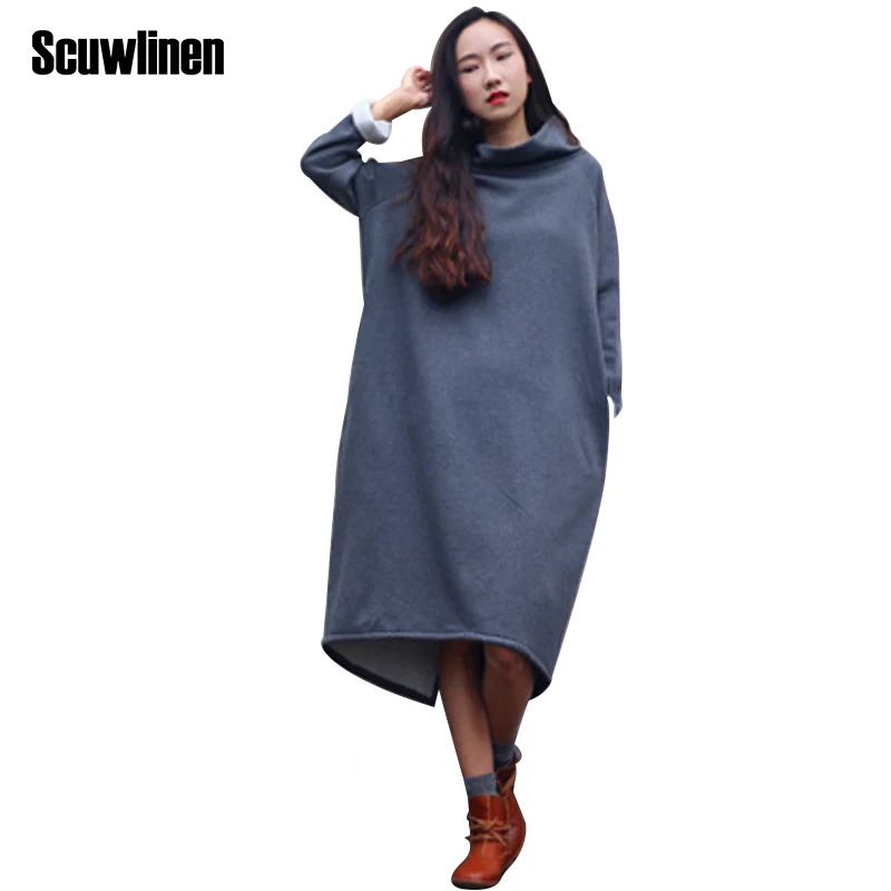 Женское Хлопковое платье SCUWLINEN однотонное длинное флисовое с высоким воротником