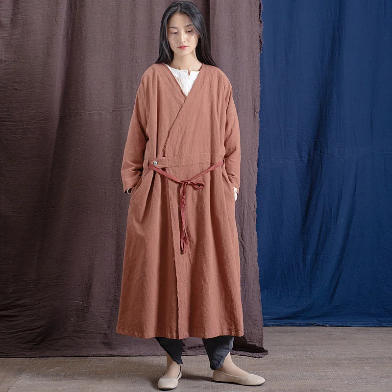 

Johnature Vintage Trench Cotton Linen Coat Women 2019 Spring New Long Sleeve V-Neck Solid Color Chinese Style Bandage Women Coat