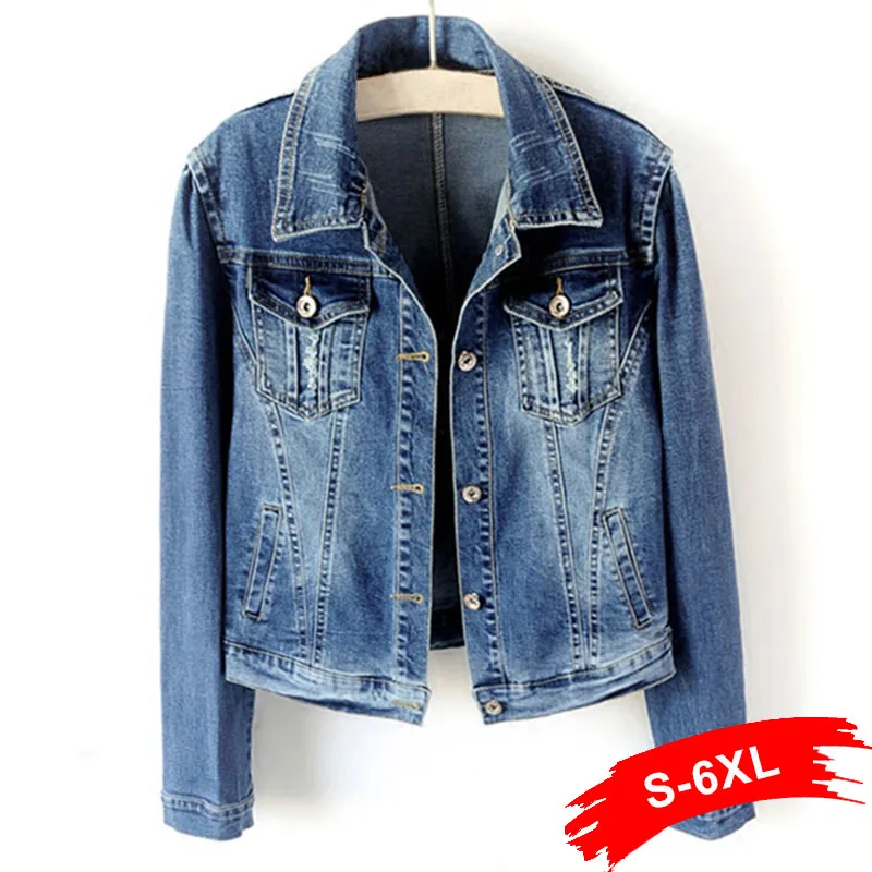 Comprare Più il Formato Bianco Blu Bomber Breve Giubbotti Jeans 4XL 5XL Streetwear Jeans Stretch Giacca casual Jaqueta Jeans Cappotto Femminile Magliette e camicette
