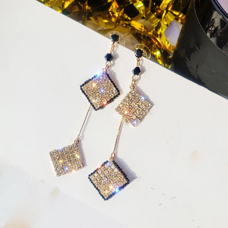 Trendy Long Crystal Rhinestone Drop Earring For Women  Gold Color Square Shape Dangle Earrings Party Jewelry Gifts