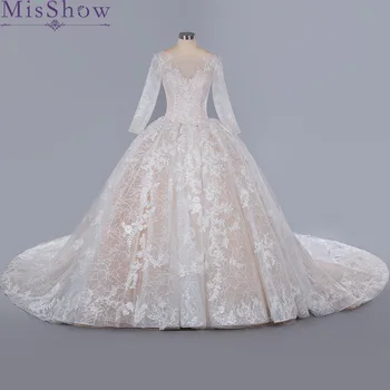 شراءجديد وصول سكوب الرقبة الكرة ثوب الزفاف فساتين الأميرة تول Hochzeitskleid كامل الأكمام Abiti دا Sposa سباركلي رداء Mariee