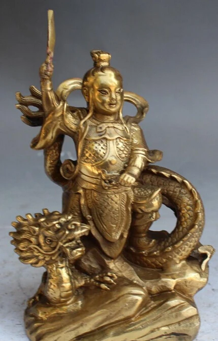 

Chinese Buddhism Bronze Stand Dragon Lion Warrior Knight Nazha Immortal Statue S0708