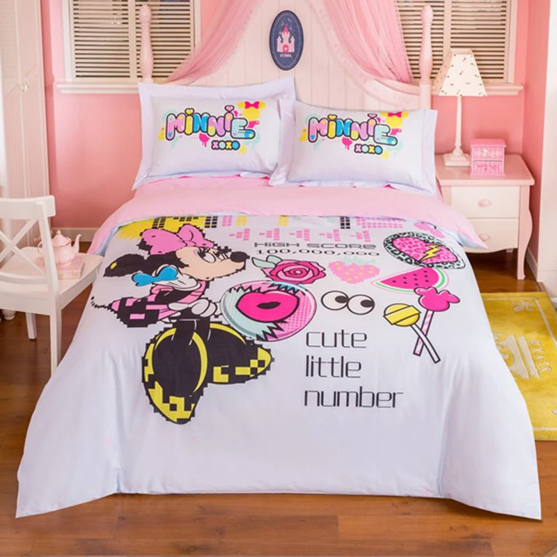 Us 50 3 41 Off Disney Brand Cartoon Minnie Mouse Bedding Set 100 Cotton Cute Little Number Duvet Cover Sheet Single Queen Size Beddings In