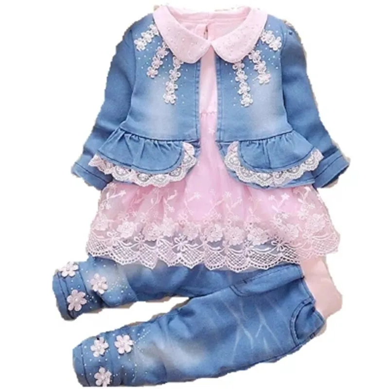 Fashion Spring Autumn Infant Baby Girls Denim Clothing Set Lace Long
