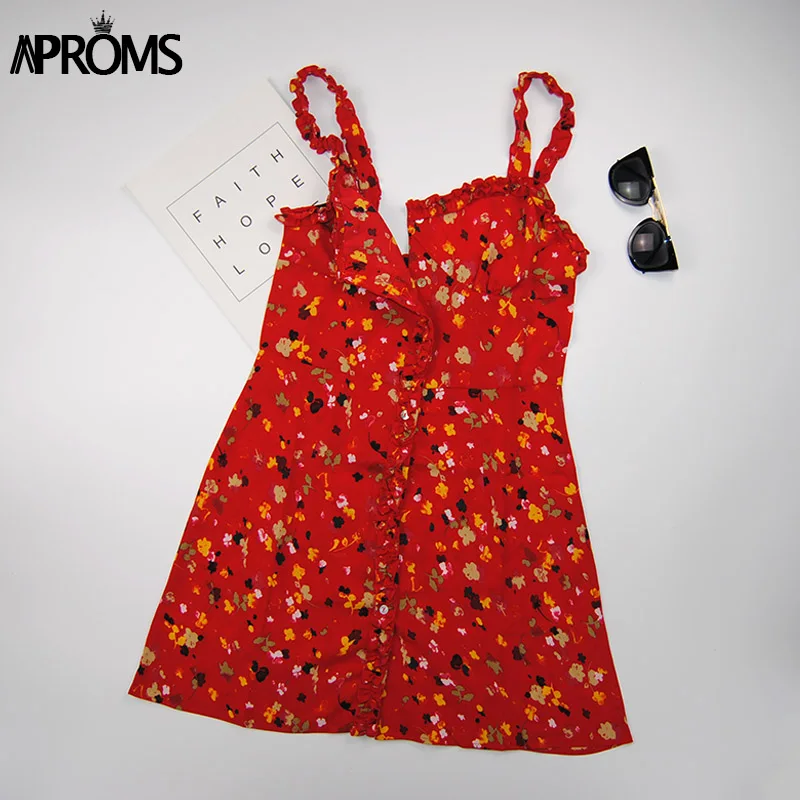 Aproms/короткое шифоновое платье с красными оборками и цветочным принтом; женские летние туфли с ремешками; облегающее платье; 90 s; кнопки для девочек; мини-платья Vestidos