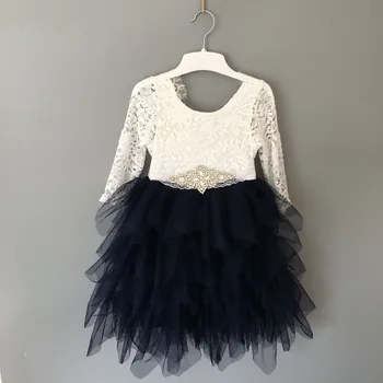 

Girls summer floral dress princess long layered dress lace tiered tulle long sleeve wedding party dress costume for children