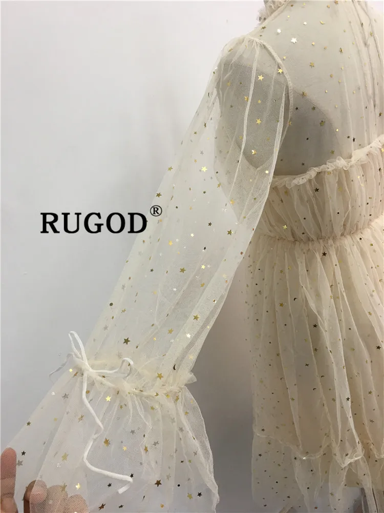 RUGOD платье с расклешенными рукавами для женщин, весна, кружевное Сетчатое платье с оборками длиной до колена, эластичная талия, платье с пайетками, элегантные платья