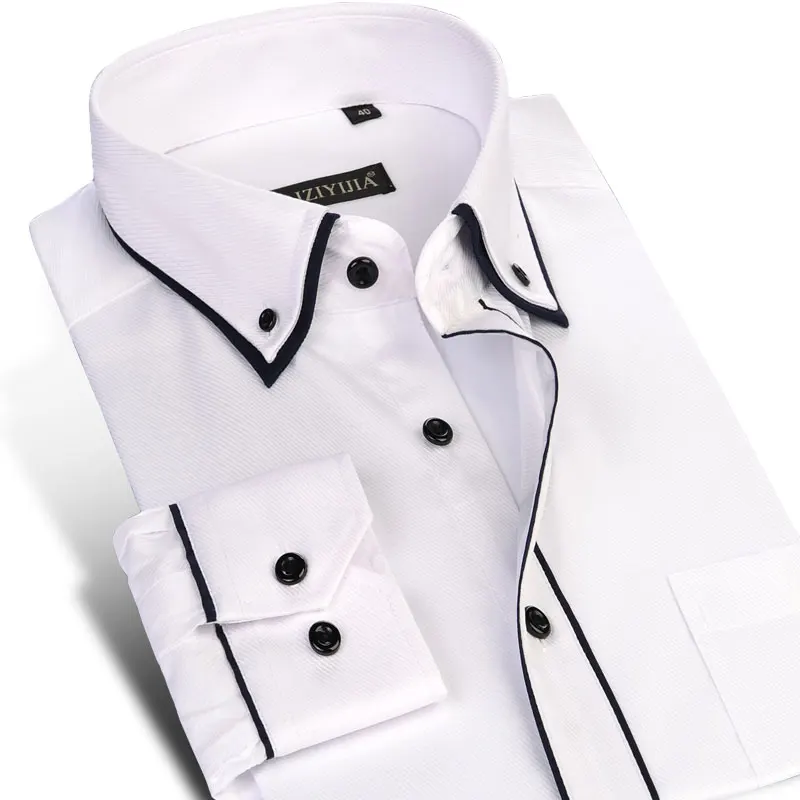 Рубашка с двойным воротником, с длинным рукавом, приталенная, с черным краем, мужская, деловая, официальная, с карманом