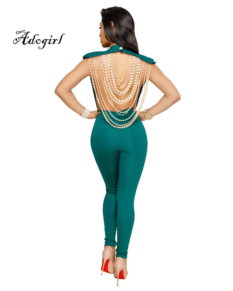 Adogirl 2018 Spring Sexy Back Pearl Chain Women Jumpsuit Green-2