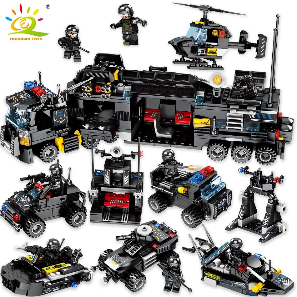 Blocos de Construção para Crianças Brinquedos 695 Pcs 8in1 Huiqibao Comando Militar Caminhão Legorreta Tijolos Polícia Swat Soldados Compatíveis