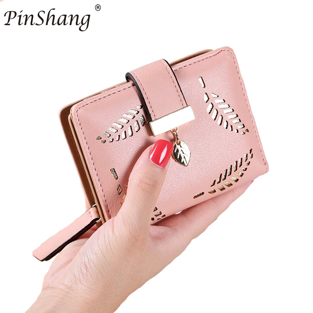 

PinShang Hot Women Small Wallets Female Leaf Pendant Hollow Short Wallet PU Leather Lady Zipper Coin Pocket Handbag Gift ZK30