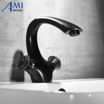 

Newly Black Bronze Brushed Carved Basin Faucet Carved Handle Bathroom Faucet Hot Cold Mixer Tap Waterfall Faucets 9021B