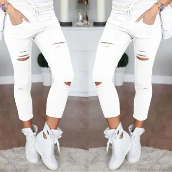 

Plus Size White Black Pants Female Trousers Sexy Women Hole leggings pencil Pants Slim Stretch Pencil Drawstring Trousers Pants