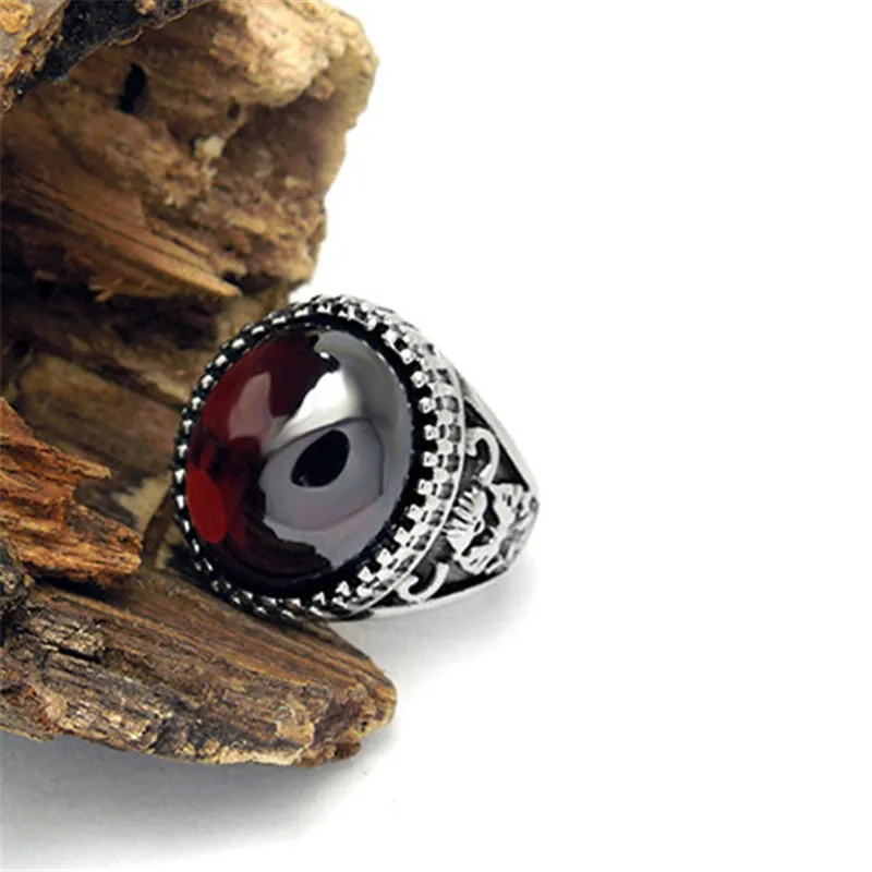 Modyle Vintage Design Black Red Stone Mens Ring Stainless Steel Punk Jewelry Big Stone Rings for Men Never Fade