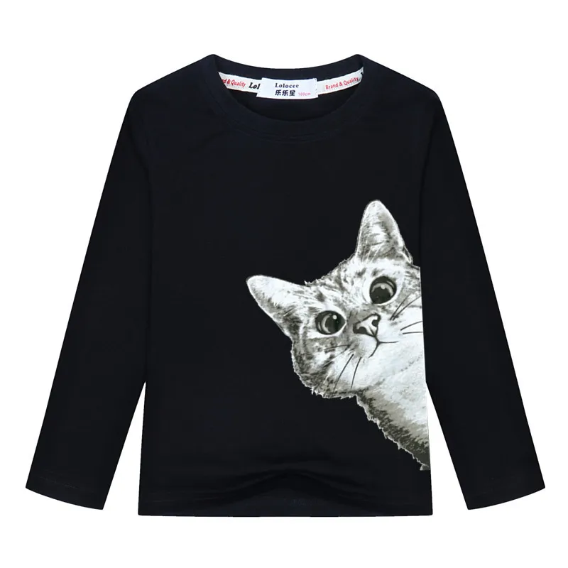 Новая детская одежда в стиле Харадзюку с объемным рисунком, Детская футболка, футболка с длинным рукавом и рисунком милого кота для девочек и мальчиков, топы из хлопка для 3-13 лет - Цвет: Black