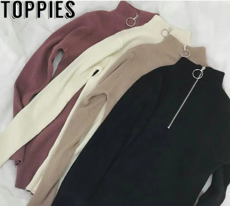 

2019 Winter Women Zipper Slim Sweater Fall Fashion Women Basic Solid Color Vintage Knitted Jumper