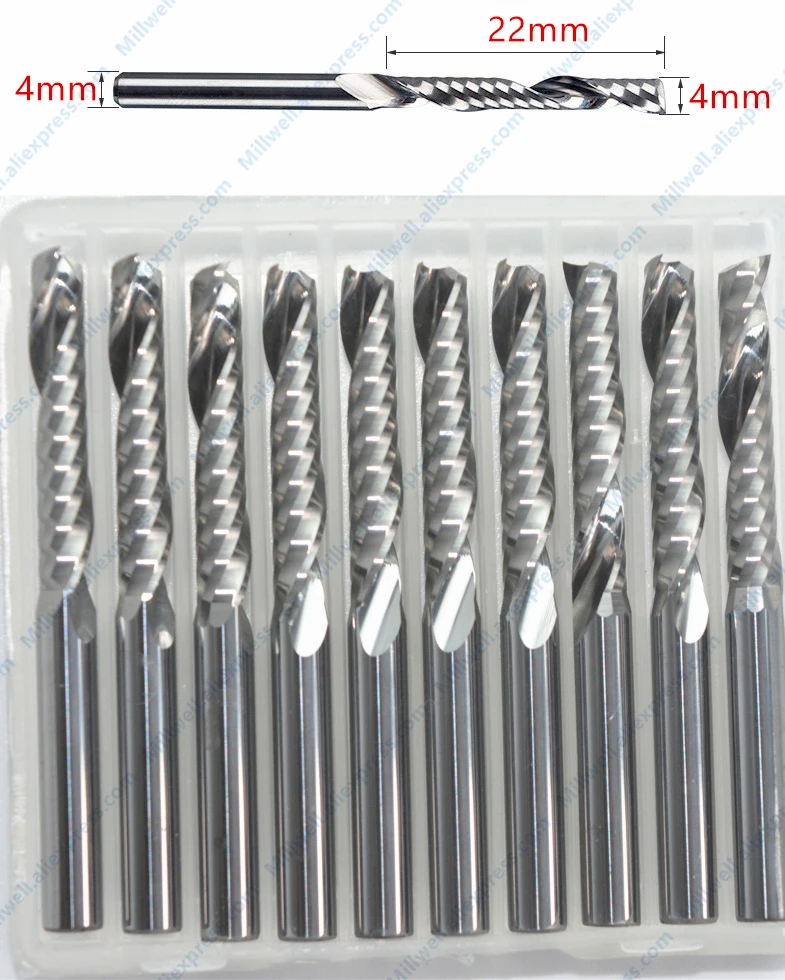10PCS-4mmx 22 мм, твердый карбид cnc Концевая фреза для деревообработки, 1 Флейта спиральная Концевая мельница, МДФ, ПВХ, акрил, Деревянный инструмент
