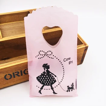 

Pink Plastic Bags With Handle 100pcs Black Girl Dog Style Packaging Bags Gifts Bags Plastic Candy Jewelry Wedding Party 9x15cm