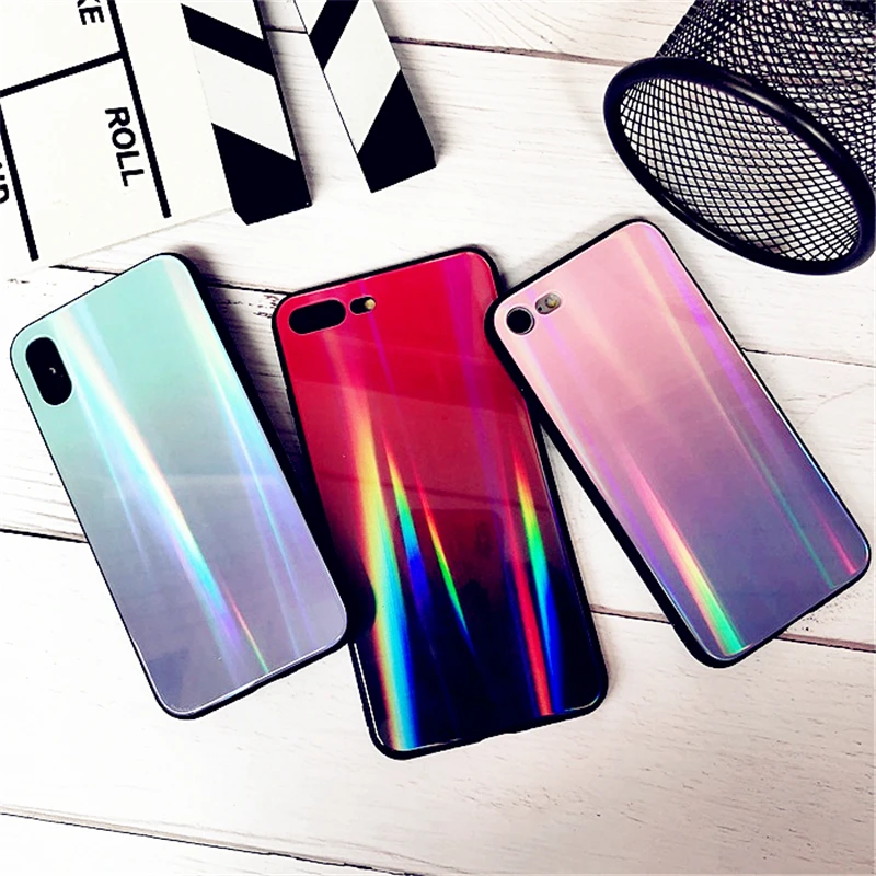 BONVAN For iPhone X 7 8 Plus Tempered Glass Back Case Gradient Color Laser Aurora Silicone Bumper For iPhone 7 6S 8 6 Plus Cover20