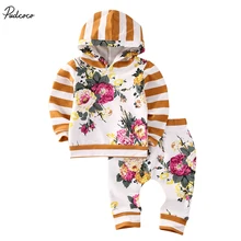 Pudcoco/комплект из 2 предметов для маленьких девочек; Новинка года; толстовка в полоску с длинными рукавами и капюшоном; топы; длинные штаны с цветочным принтом; комплект одежды