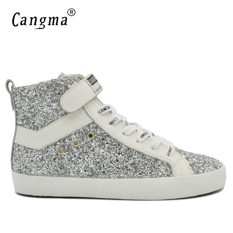 

CANGMA Fashion Man's Boots Glitter Shoes Italian Designer Male Genuine Leather Sneakers Men Sequin Shoes Silver Ankle Boots