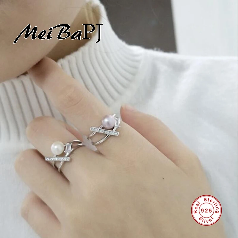 

[MeiBaPJ]Personality High Quality AAA Zircon Ring Natural Freshwater Pearl Jewelry 925 Sterling Silver Adjustable ring for women