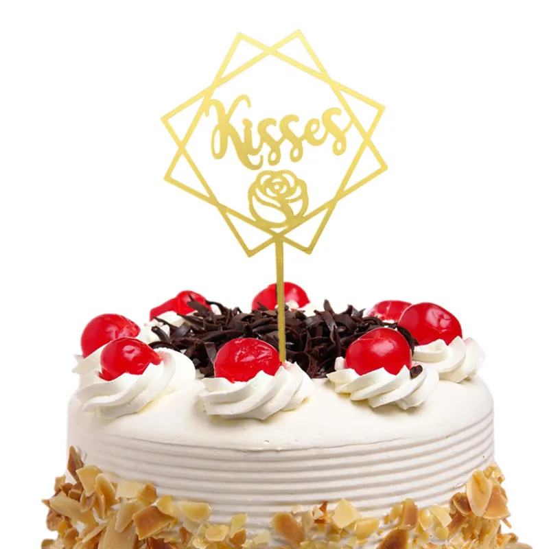 

20pc Cake Toppers Flags Kisses Happy Birthday Kids Gold Black Acrylic Cupcake Topper Wedding Bride Party Baby Shower Baking DIY