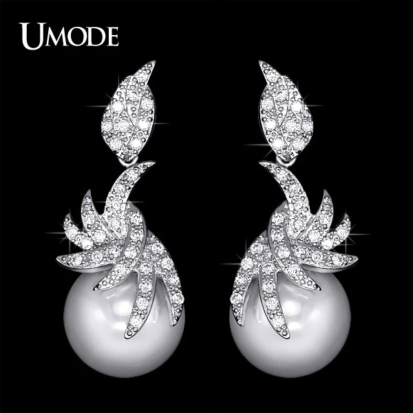 

UMODE Synthetic Pearl Drop Earrings with Micro Cubic Zirconia Elegant Blooming Flower Design Jewelry for Wedding UE0148