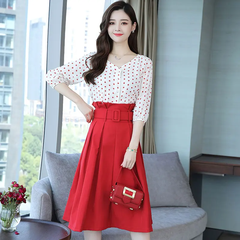 2018 New Autumn Fashion Women Clothing Dot Printing Sashes V-neck Dress Lantern Three Quarters Sleeves Two-piece Dresses Female | Женская