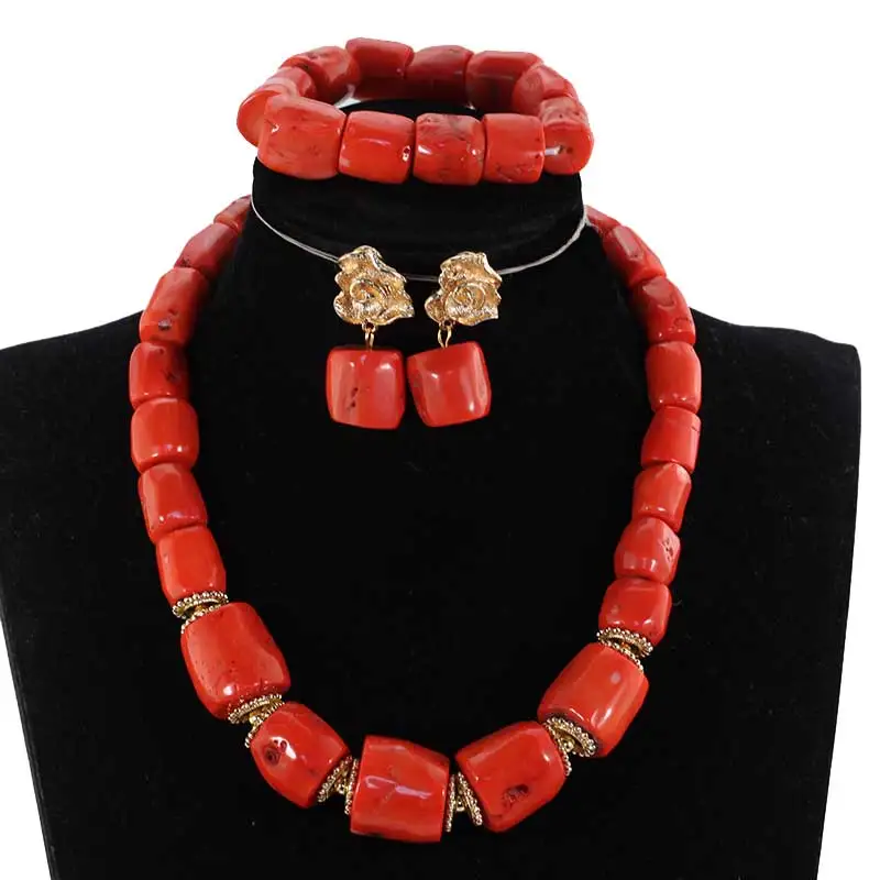 Однорядный настоящий коралловый бисер ожерелье ювелирный набор нигерийский коралловый свадебный ювелирный набор для женщин, лучший подарок невесты CG021