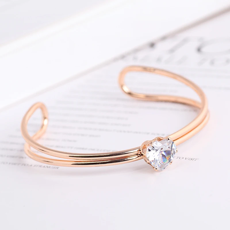 EASYA Silver Rose Gold Cuff Bracelet Rhinestone Crystal Heart Love